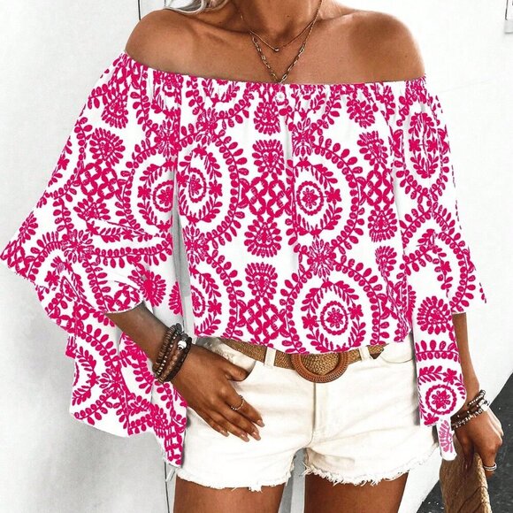Tops - Hot Pink Boho Women's Off-Shoulder Daily Shirt With Random Printed Pattern